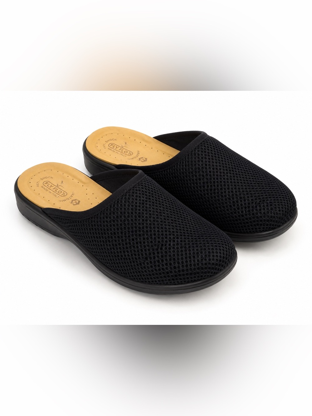 Fly Flot Black Mesh Comfort Slide Slippers Made in Italy Anti-Shock Lightweight